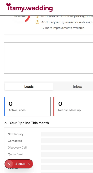 Vendor dashboard showing the Leads tab as the primary view with stats bar and empty pipeline