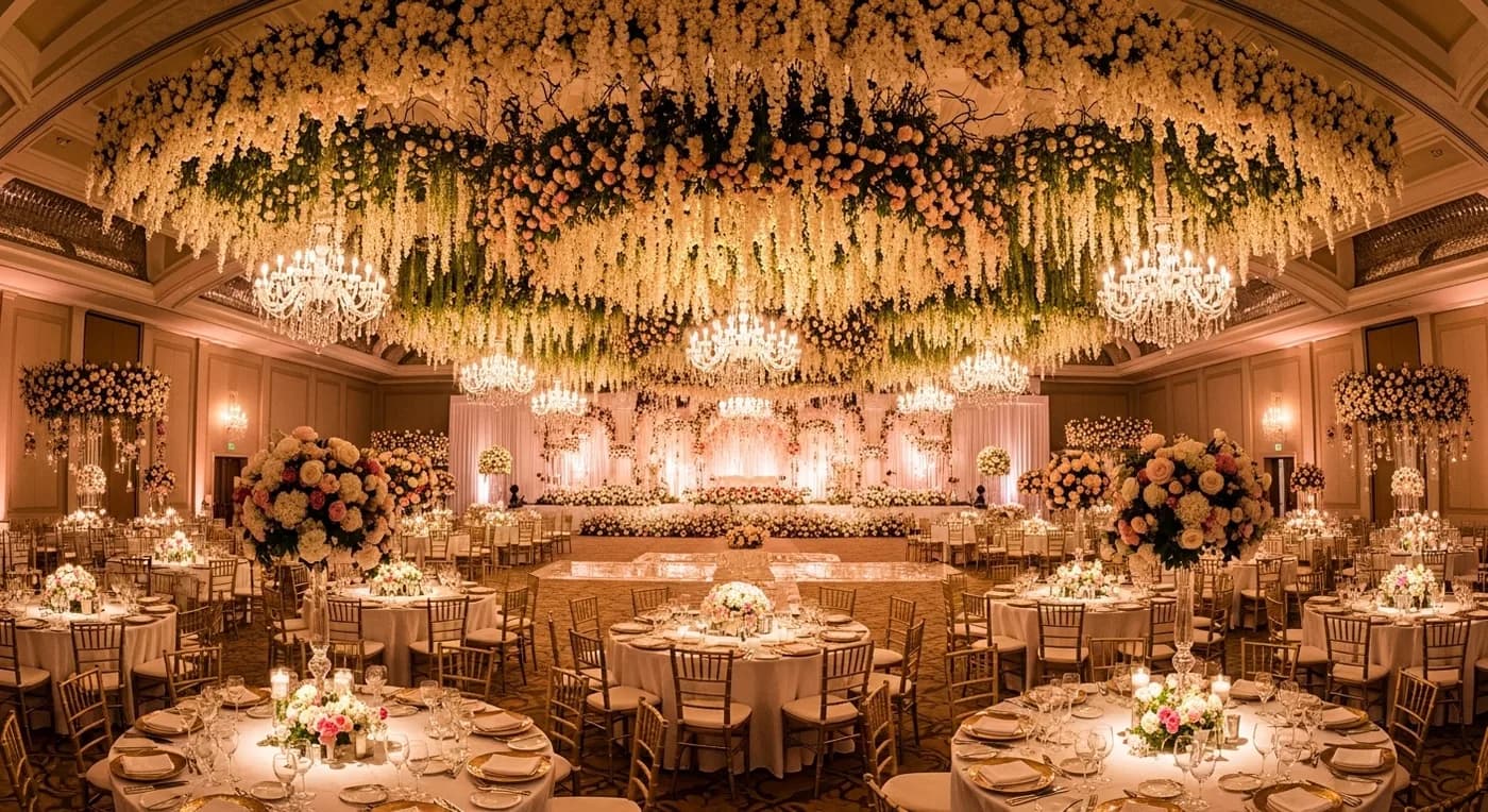 Indian wedding reception hall with elaborate floral decorations and warm lighting