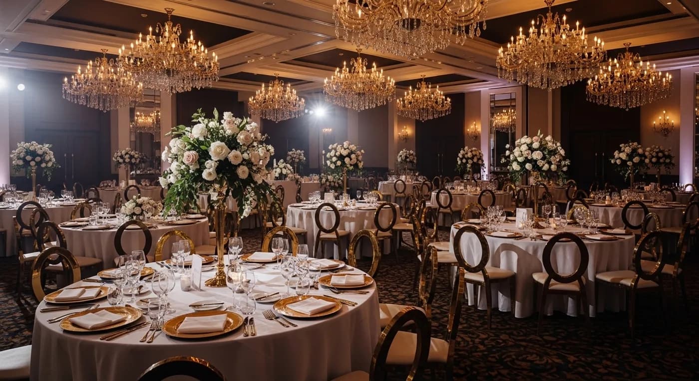 Luxury wedding reception setup in a Kochi hotel ballroom with floral decor
