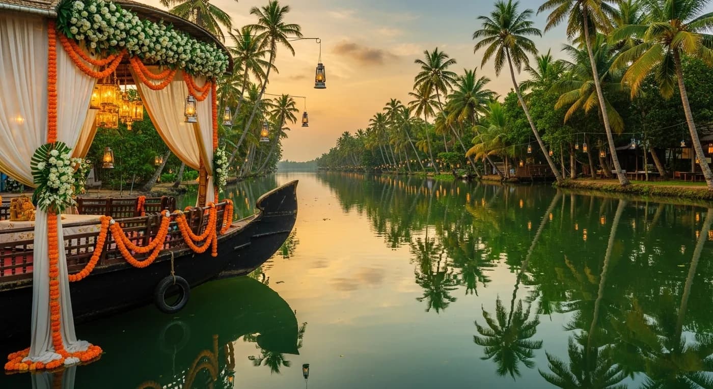 A beautifully decorated mandap on the banks of a Kerala backwater with houseboats and palm trees framing a backwater wedding in Kerala
