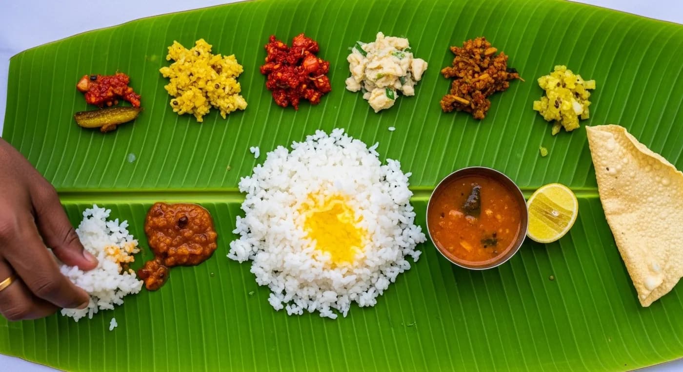 Close-up of traditional South Indian banana leaf meal at a wedding