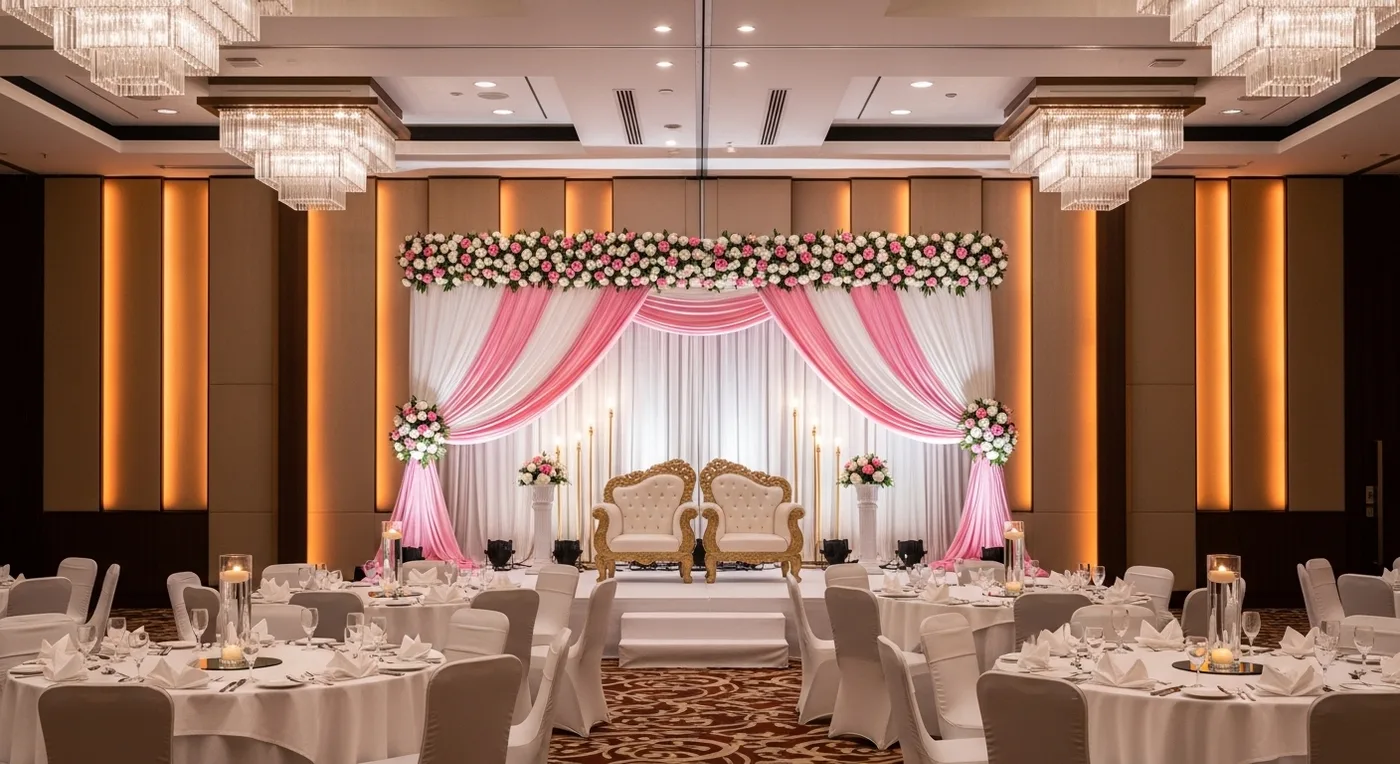 Decorated wedding reception stage at a mid-range Bangalore hotel