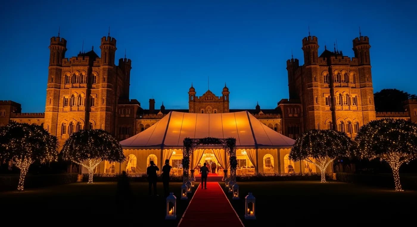 Bangalore Palace grounds with illuminated wedding tent at blue hour