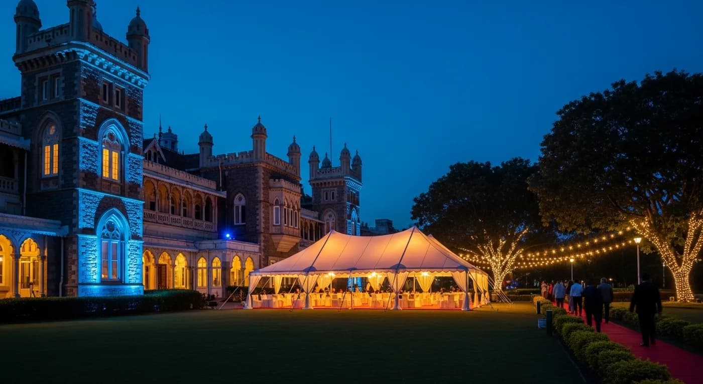 Bangalore Palace Tudor-Gothic grounds set up for a wedding event at dusk