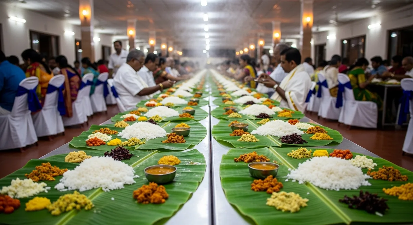 Traditional banana leaf wedding feast at a Bangalore kalyana mantapa
