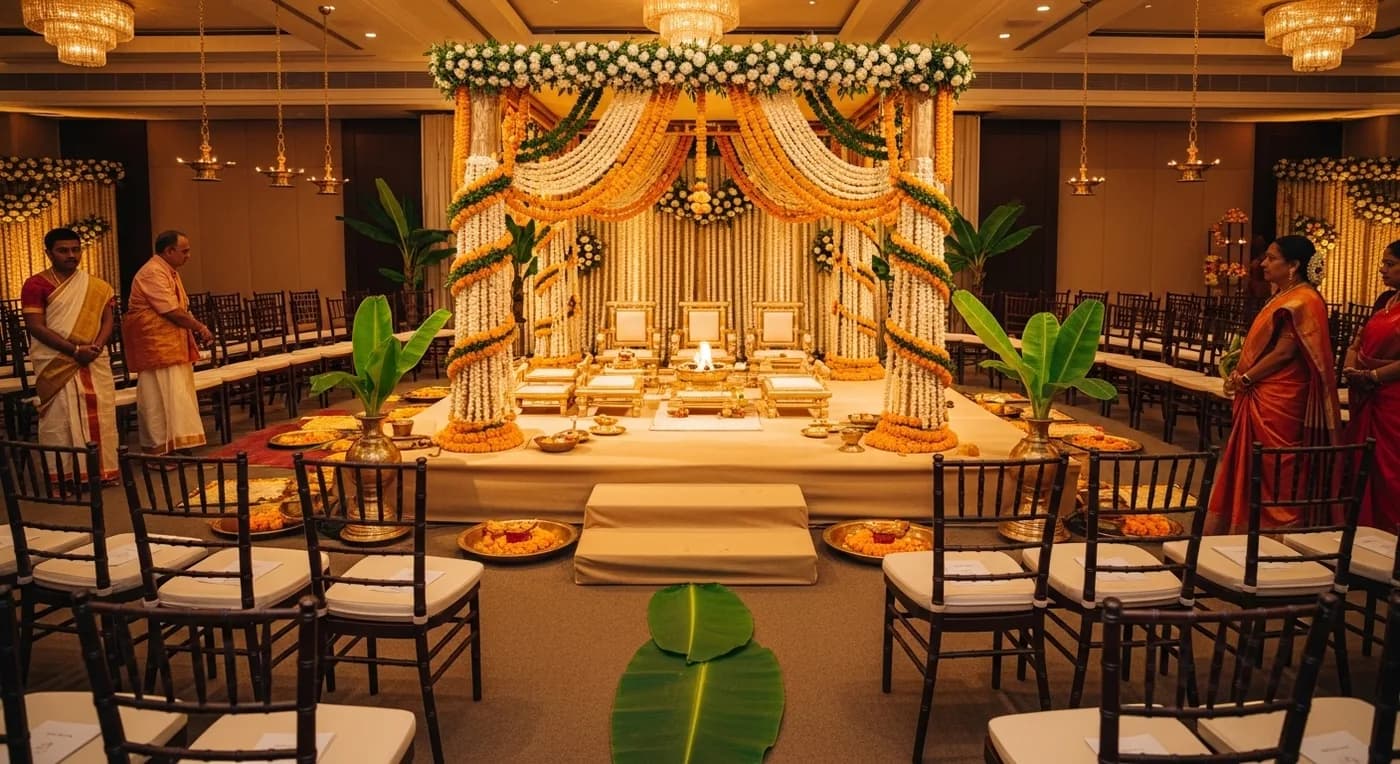Bangalore wedding venue decorated for a traditional Karnataka ceremony