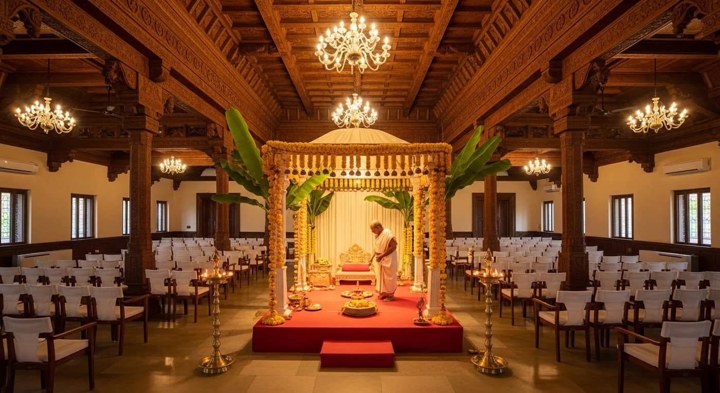Basavanagudi kalyana mantapa interior set up for a Hindu wedding ceremony