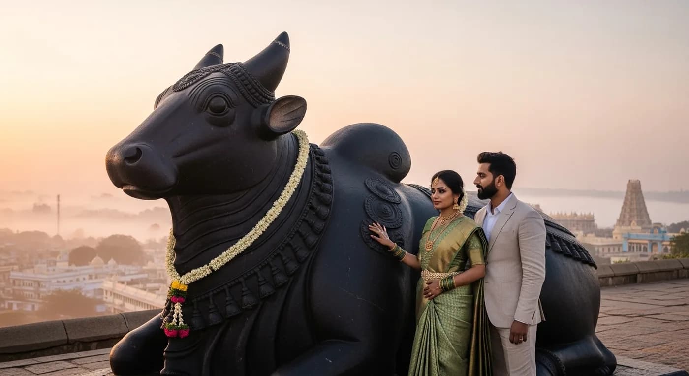 Dawn couple portrait on Chamundi Hill with Nandi Bull statue near Mysore