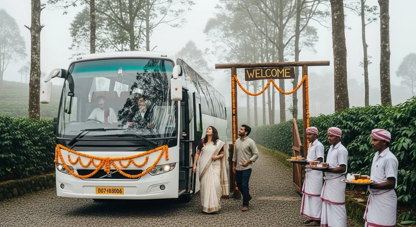 Chartered bus arriving at Coorg resort for destination wedding guest transport