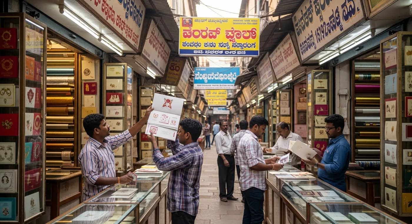 Wedding card shops on Chickpet Main Road in old Bangalore