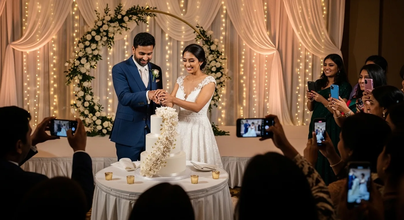 Christian wedding cake cutting at a Bangalore hotel reception