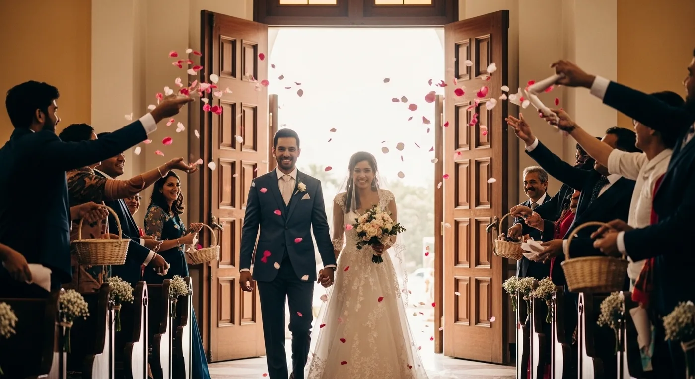 Church recessional with rose petal shower at a Bangalore wedding