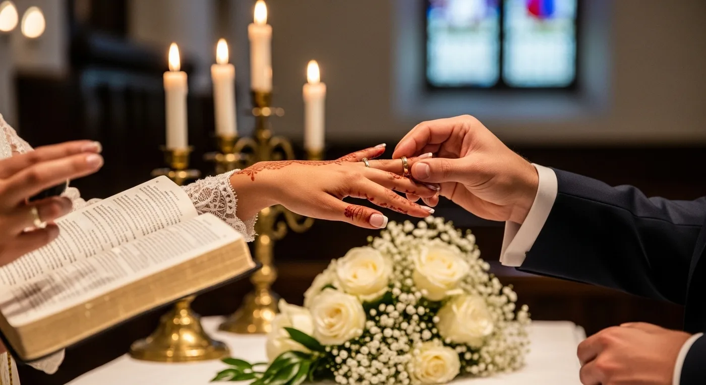 Church wedding ring exchange close-up at a Bangalore cathedral altar