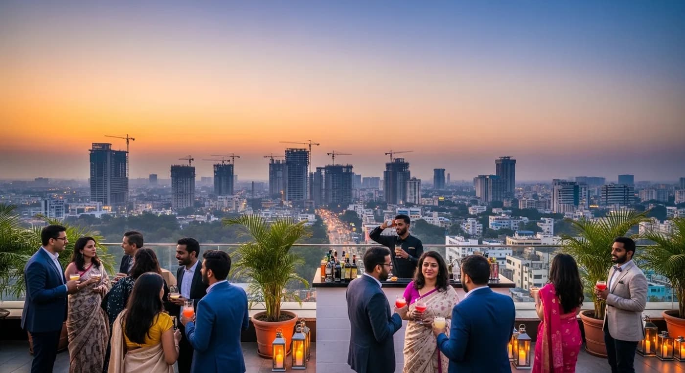 Cocktail hour on a hotel terrace with Bangalore city skyline at blue hour