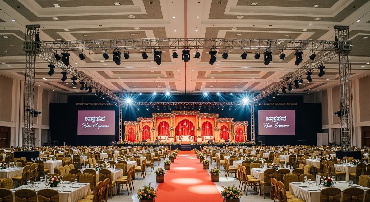 Large convention centre in Bangalore set up for a 1000-guest wedding