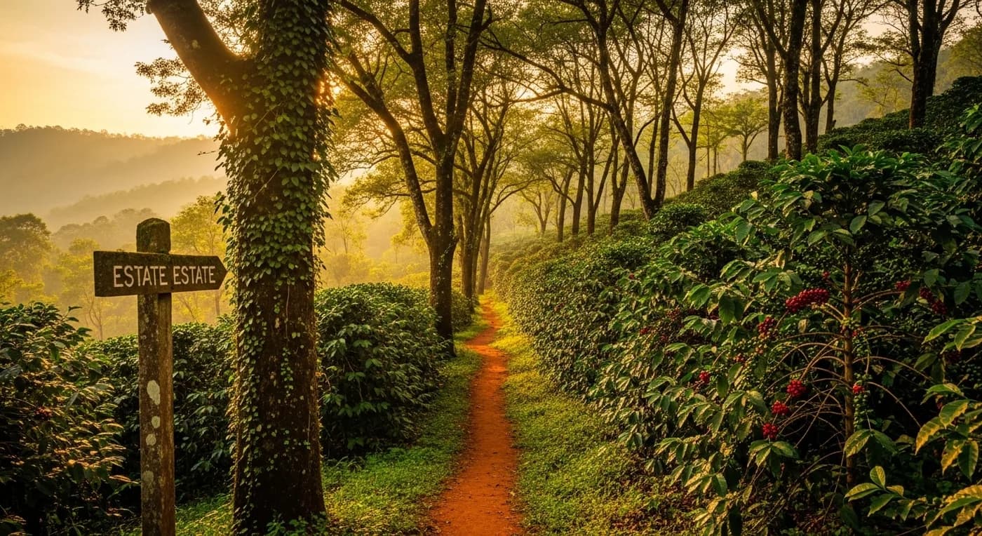 Coorg coffee plantation landscape at golden hour for destination weddings
