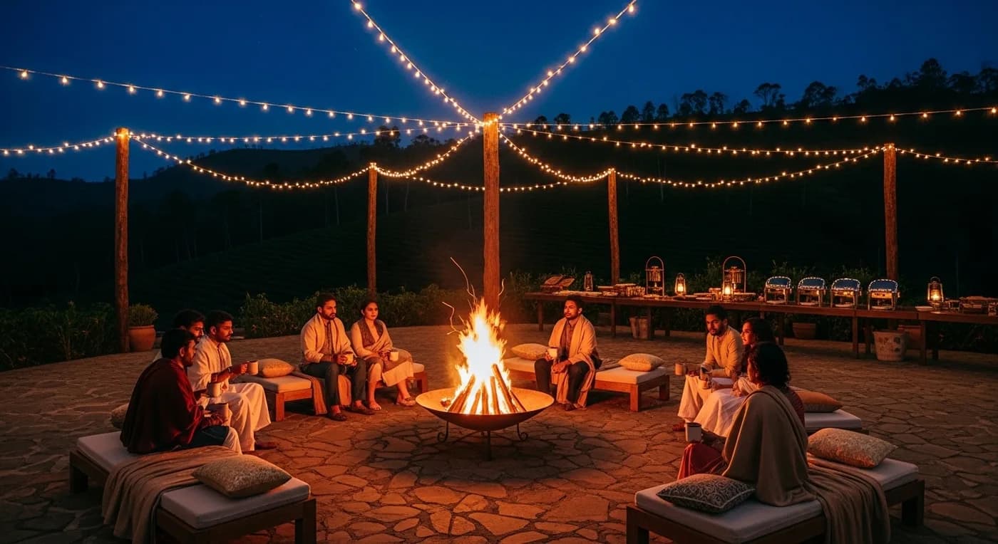 Bonfire welcome dinner at a Coorg resort for destination wedding guests