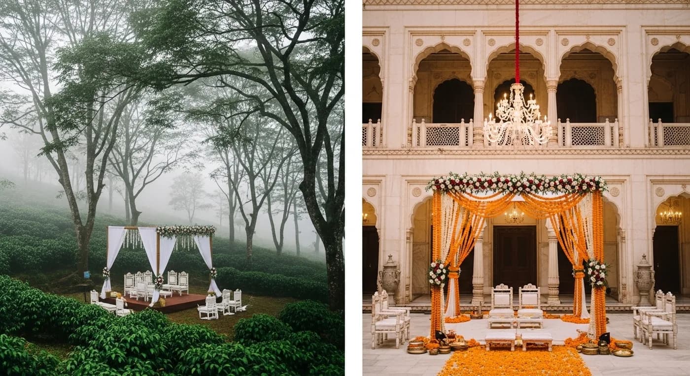 Split comparison showing a misty Coorg coffee plantation wedding on the left and a grand Hyderabad heritage venue wedding on the right
