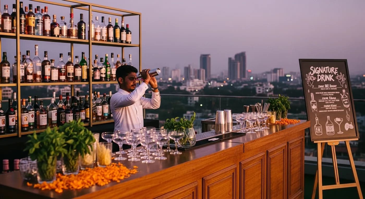 Craft cocktail bar setup at an upscale Bangalore wedding reception