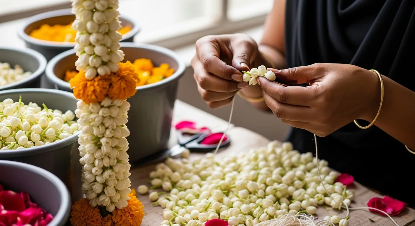 Decorator's hands arranging jasmine strings on a wedding mandap pillar