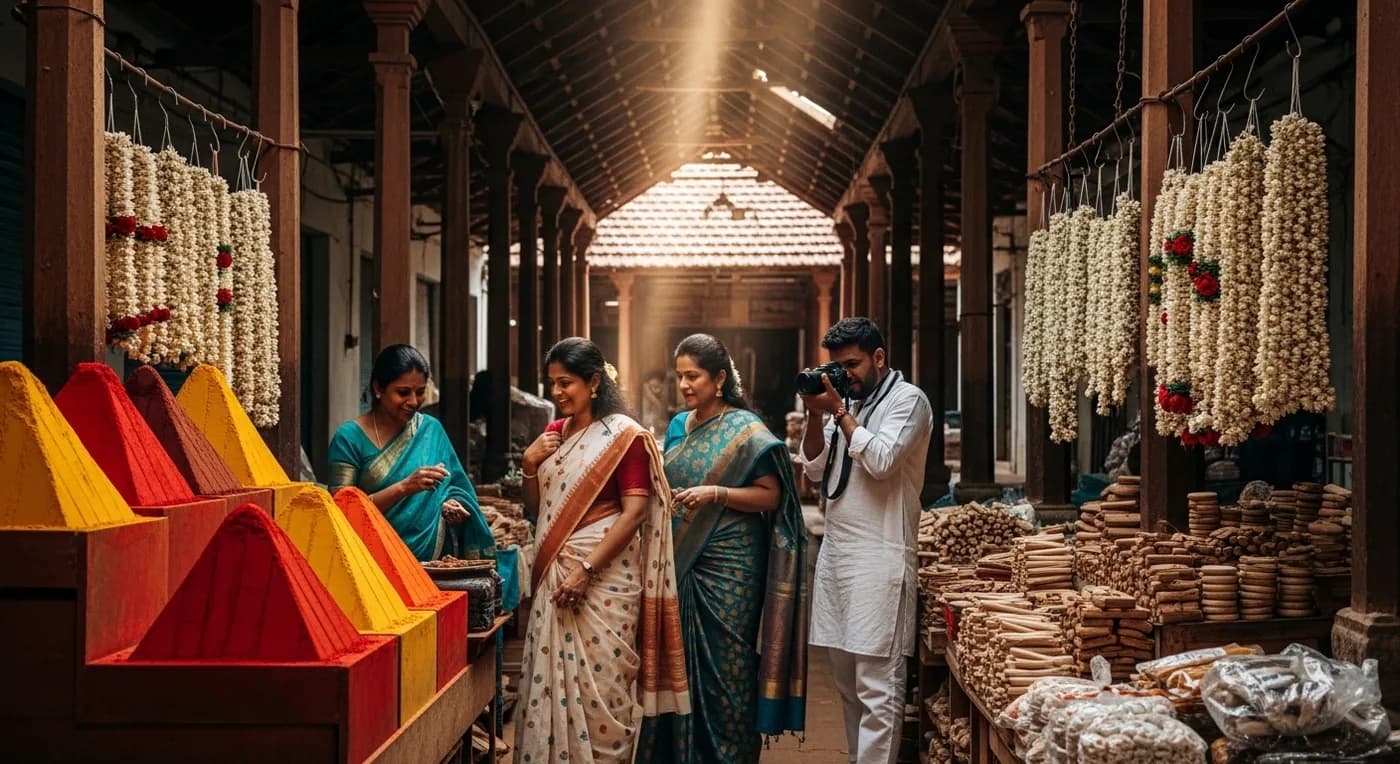 Wedding guests exploring Devaraja Market during Mysore destination wedding weekend