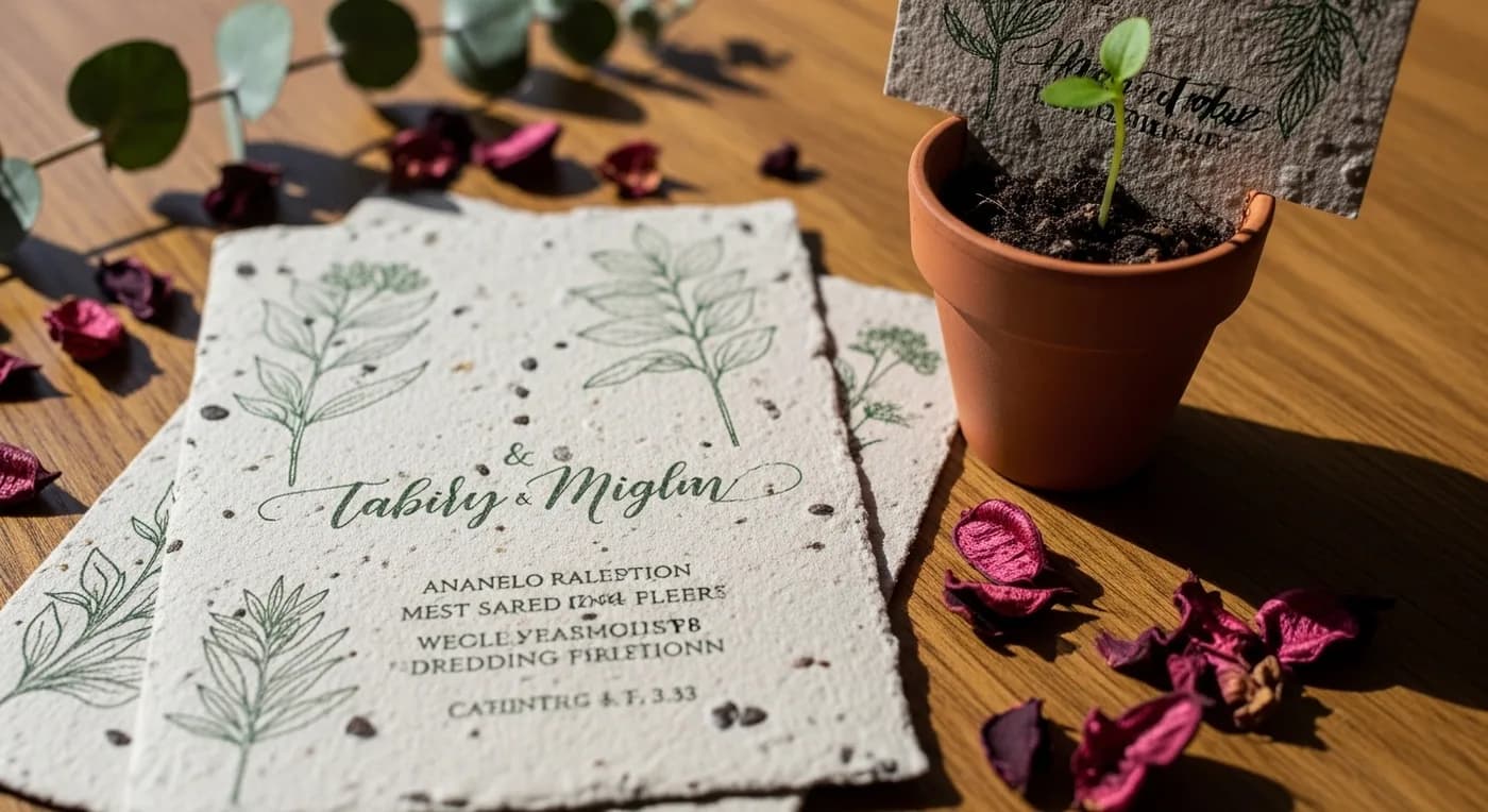 Eco-friendly seed paper wedding invitation with sprouting plants