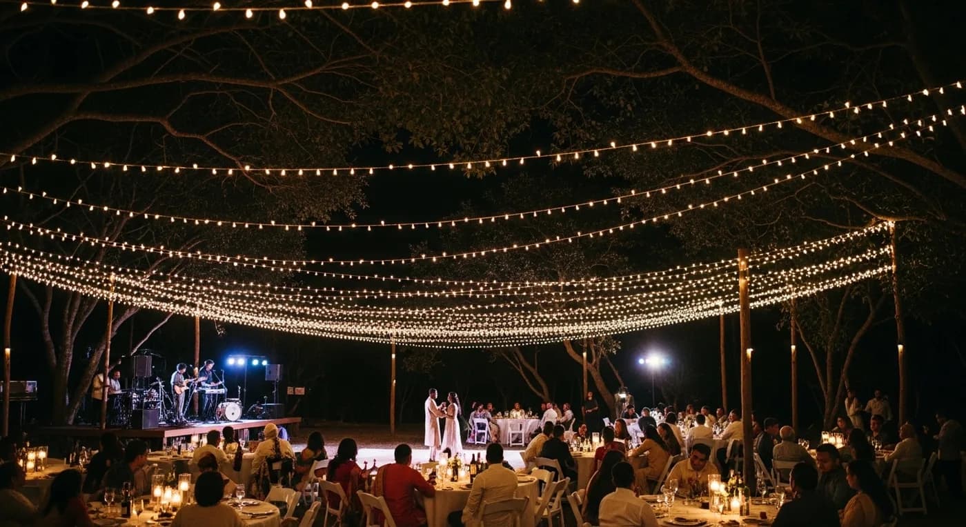 Nighttime farmhouse wedding reception with string lights and guests dancing