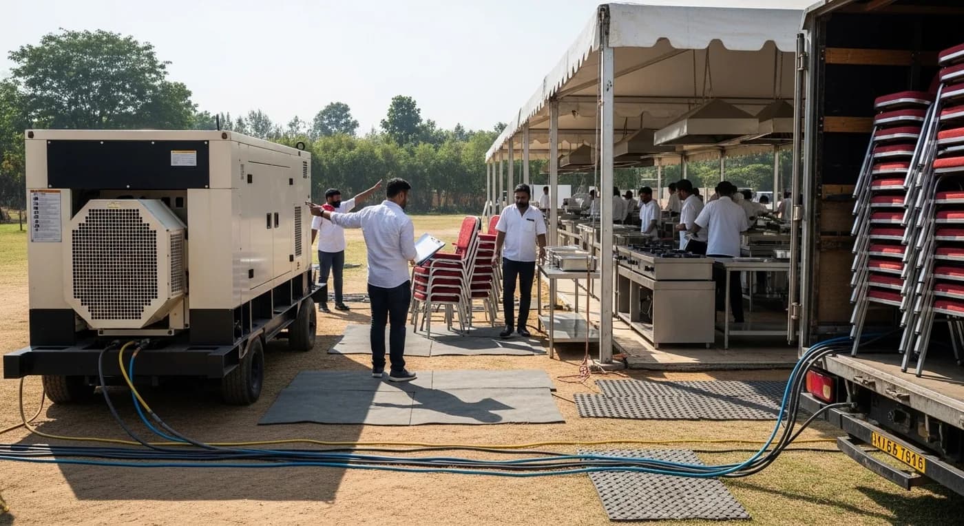 Behind-the-scenes wedding infrastructure at a Bangalore farmhouse including generator and catering tent