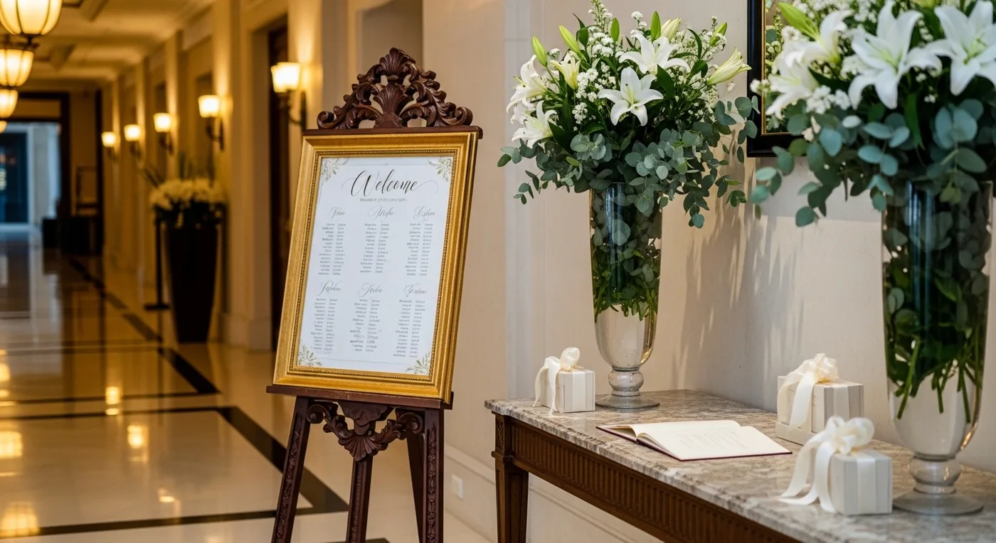 Five-star hotel wedding welcome setup with seating chart and flowers in Bangalore