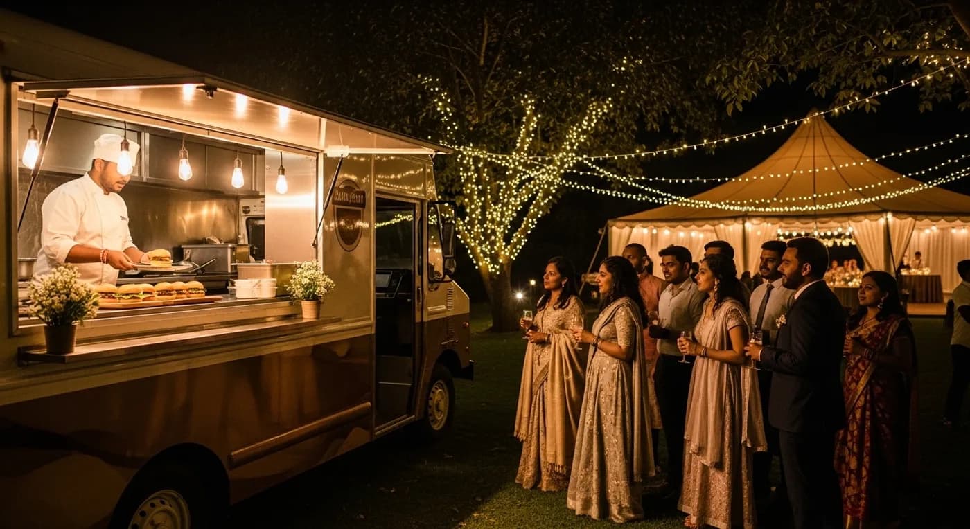 Gourmet food truck at a farmhouse wedding reception near Bangalore