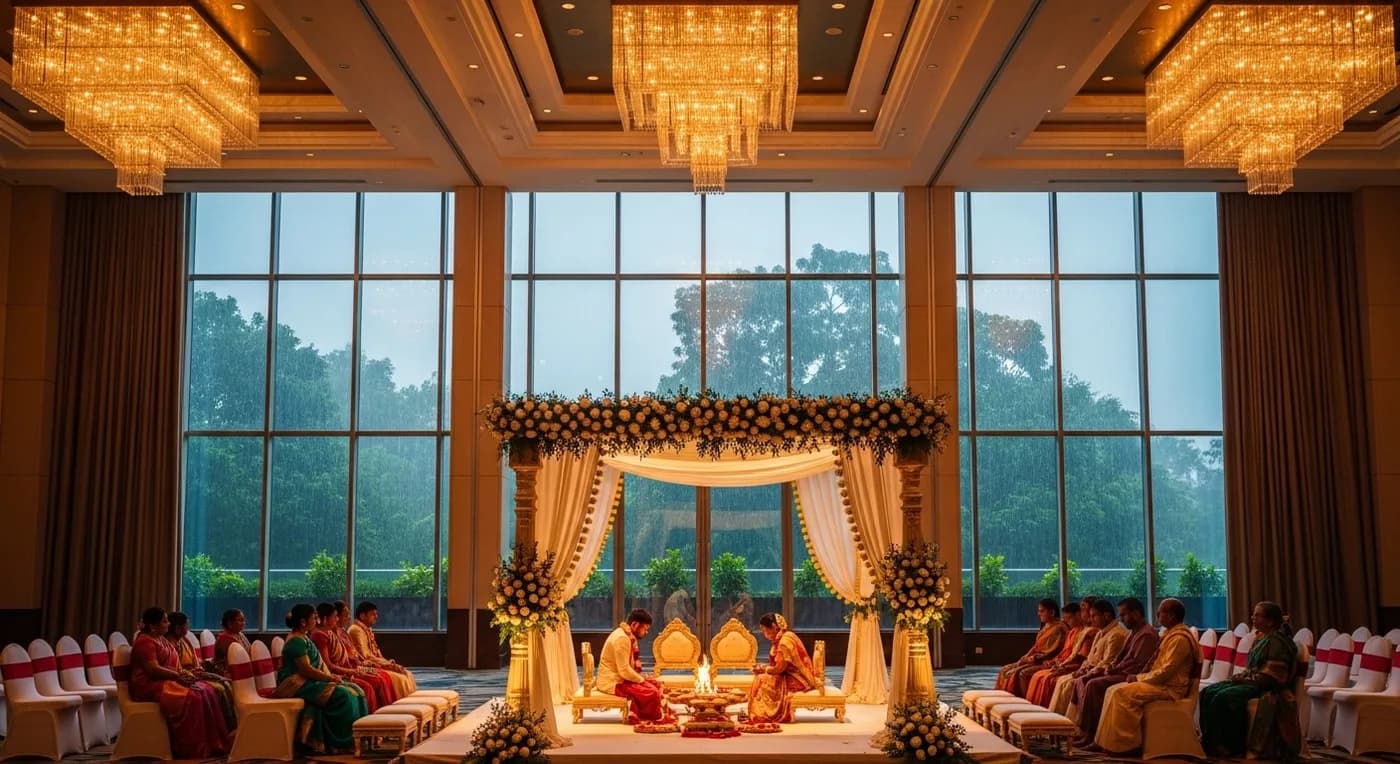 Indoor ballroom wedding ceremony with monsoon rain visible through windows