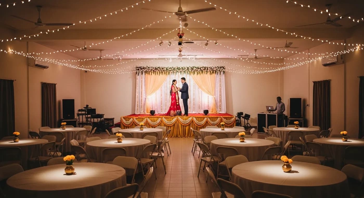 Intimate budget wedding reception with fairy lights at a Bangalore mantapa
