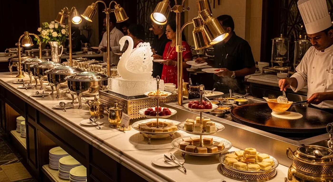 Luxury wedding buffet spread at ITC Windsor style Bangalore hotel