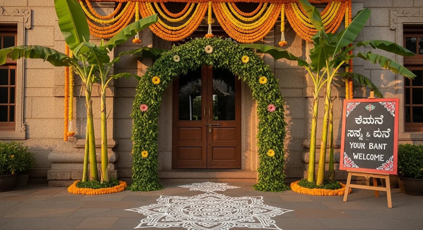 Traditional kalyana mantapa entrance with flower torana in Jayanagar Bangalore
