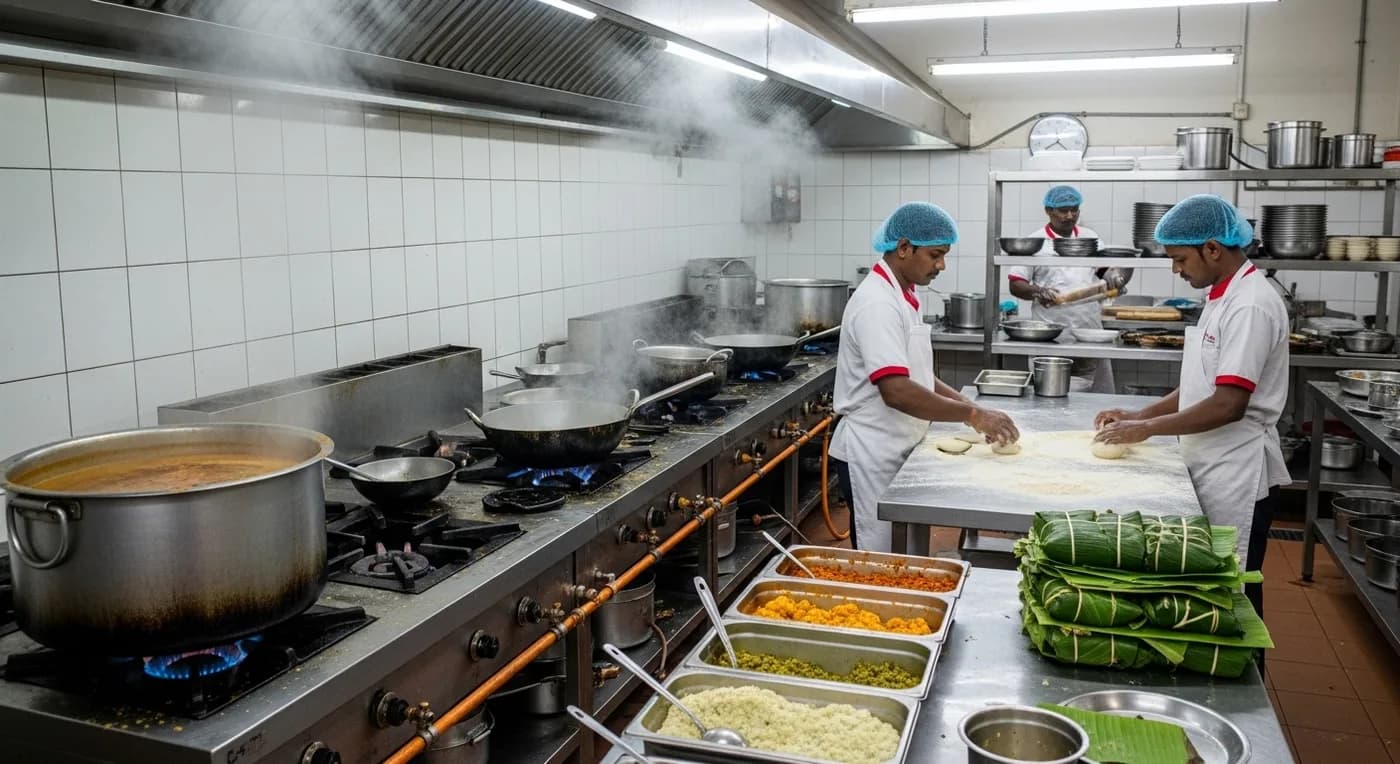 Kitchen catering preparation inside a Bangalore kalyana mantapa