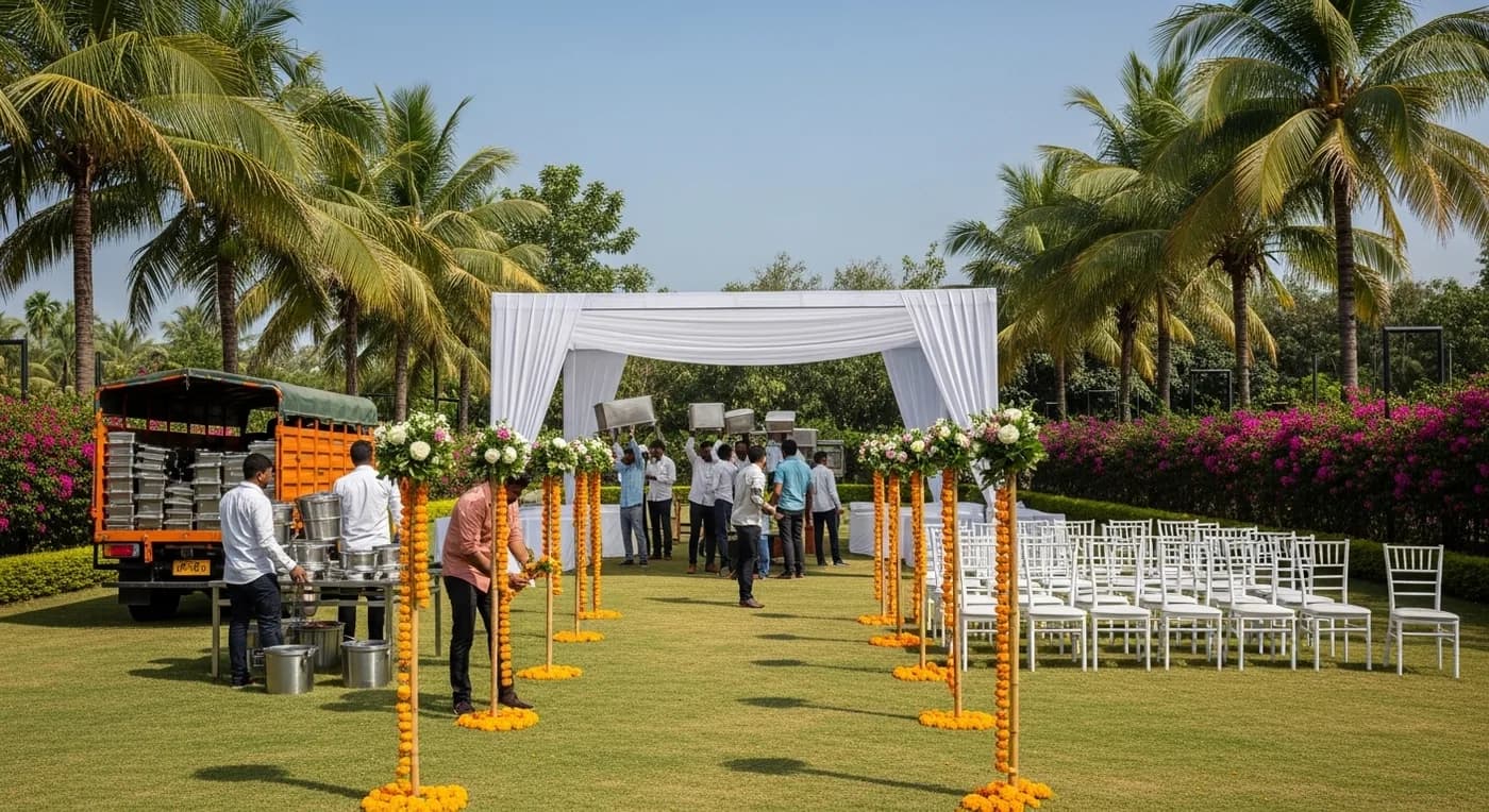 Farmhouse lawn being prepared for a wedding on Kanakapura Road
