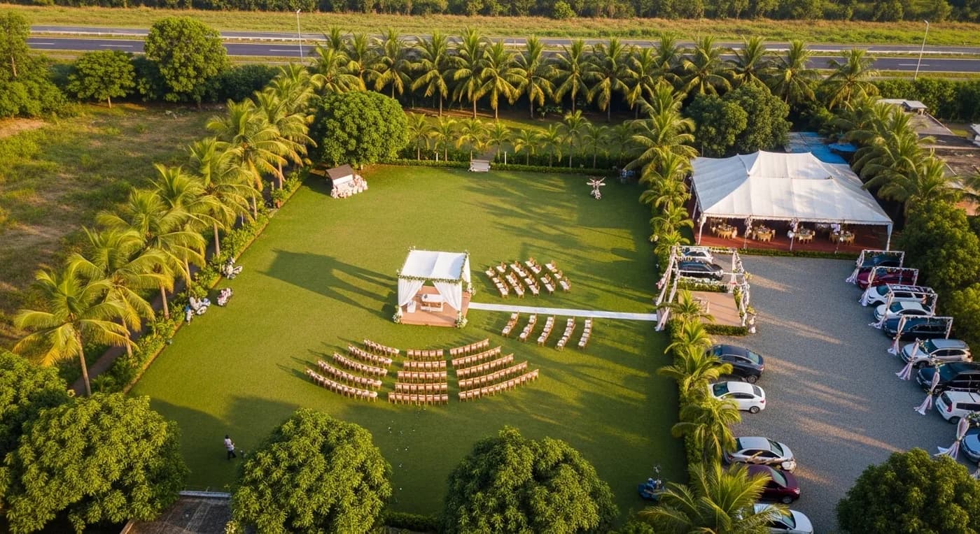 Aerial view of farmhouse wedding venue on Kanakapura Road near Bangalore