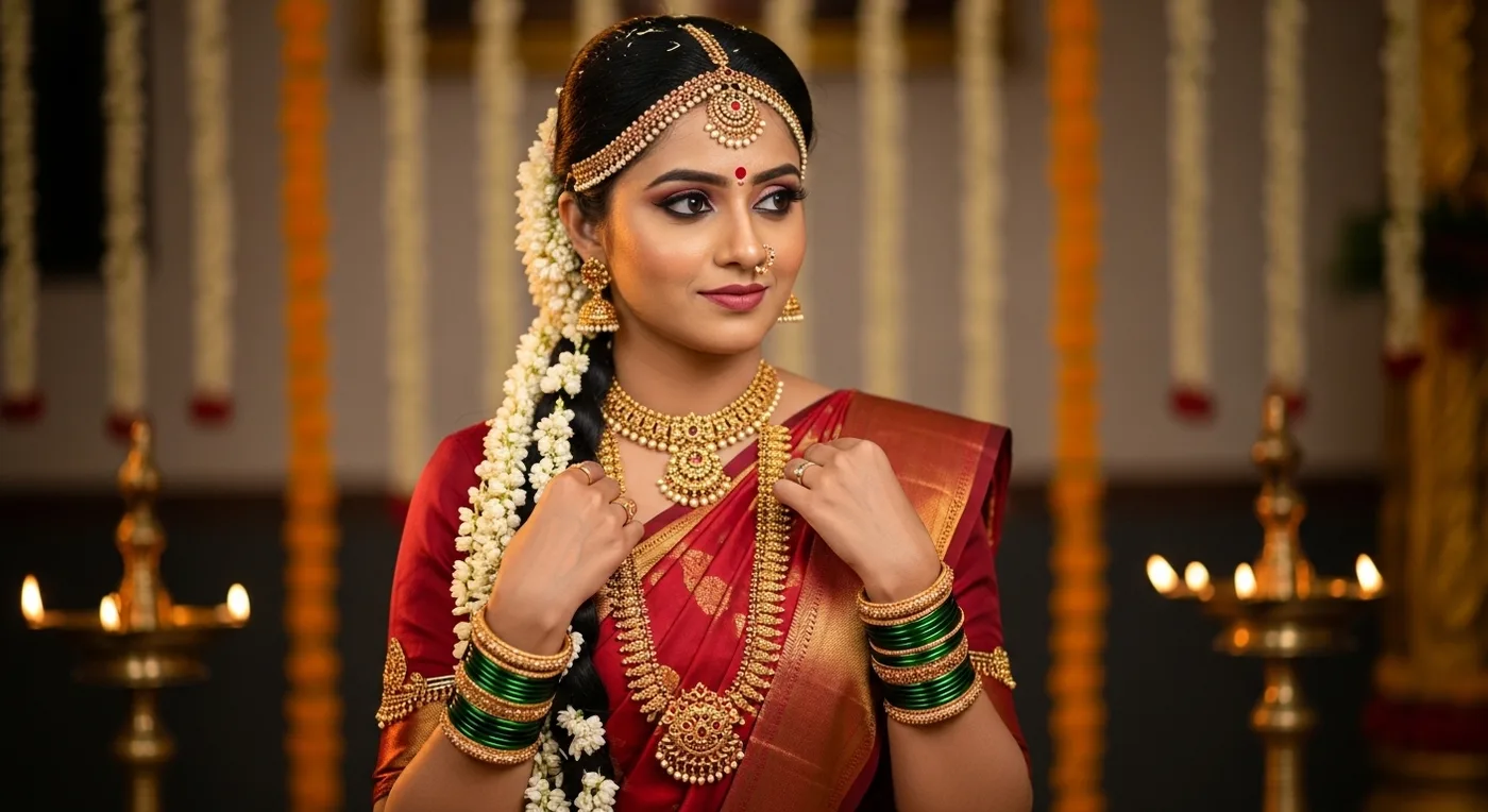 Kannada bride in Ilkal saree with traditional temple jewellery portrait