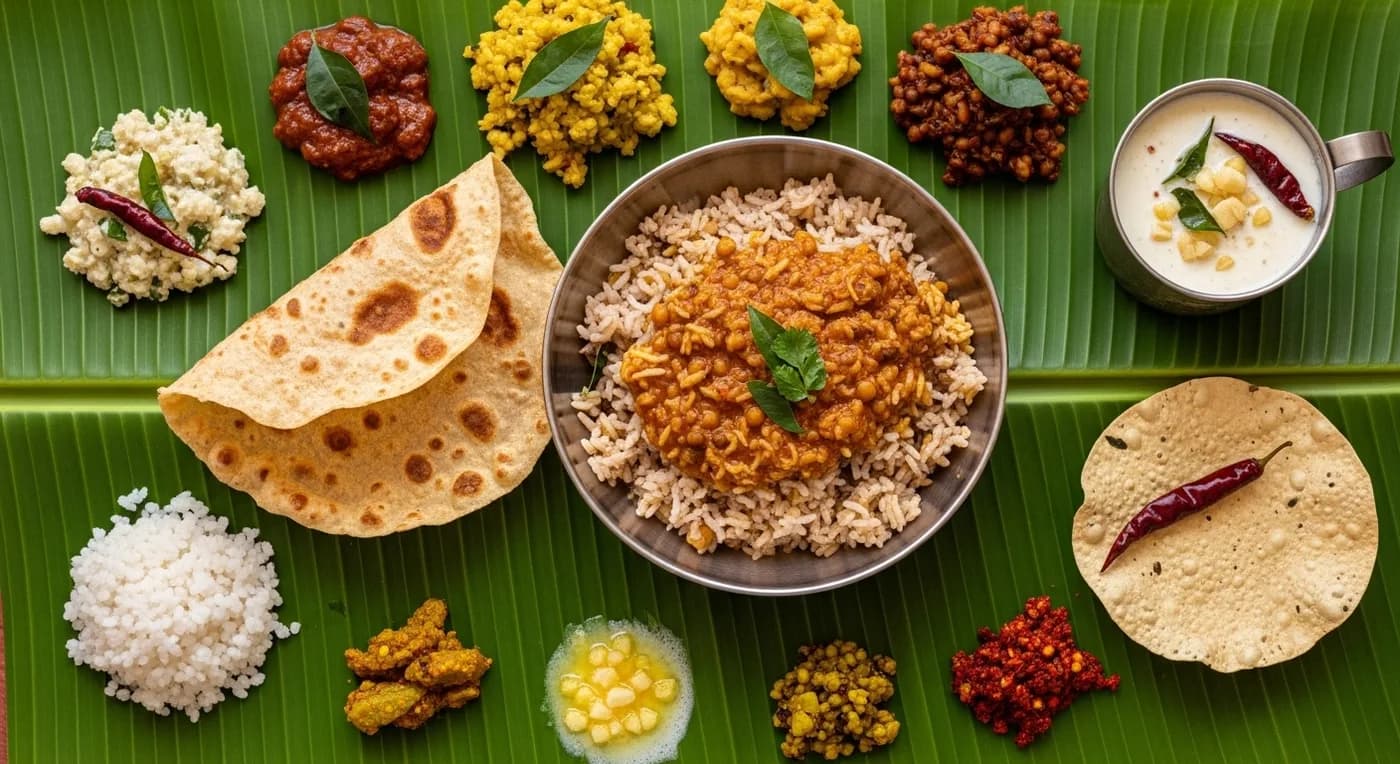 Traditional Kannada wedding feast with bisibelebath and holige