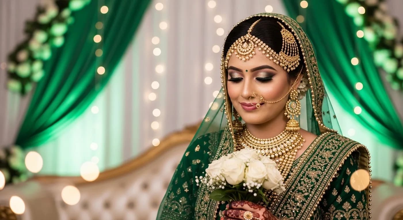 Karnataka Muslim bride portrait in zardozi lehenga with gold jewellery