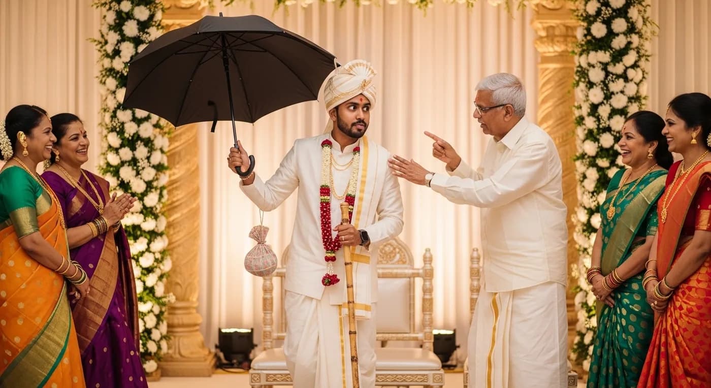 Kashi Yatra ritual at a Kannada wedding with groom holding umbrella