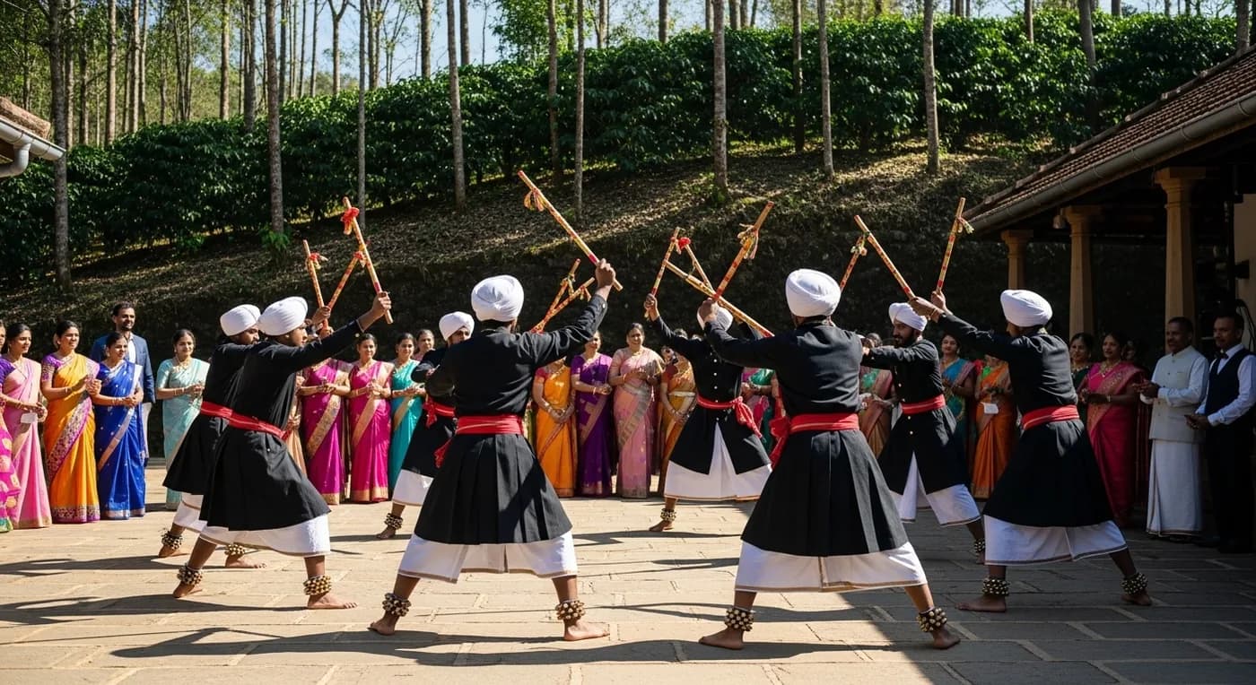 Kolata stick dance celebration at a traditional Kodava wedding