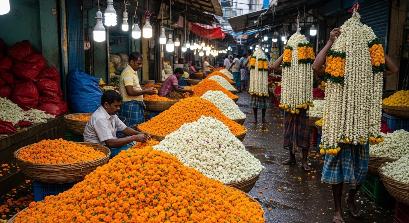 Wholesale marigold flowers at KR Market Bangalore for wedding decoration