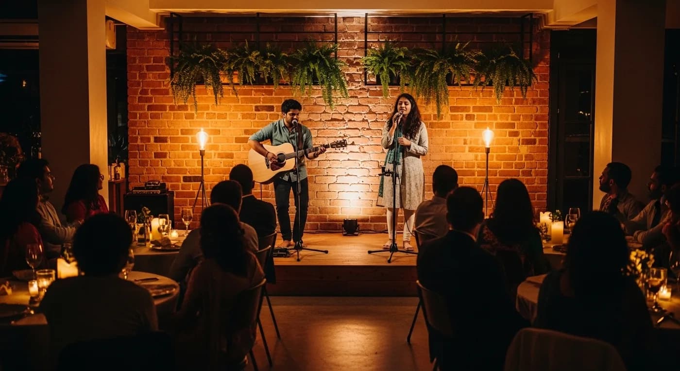 Live acoustic music duo performing at a small Bangalore wedding reception