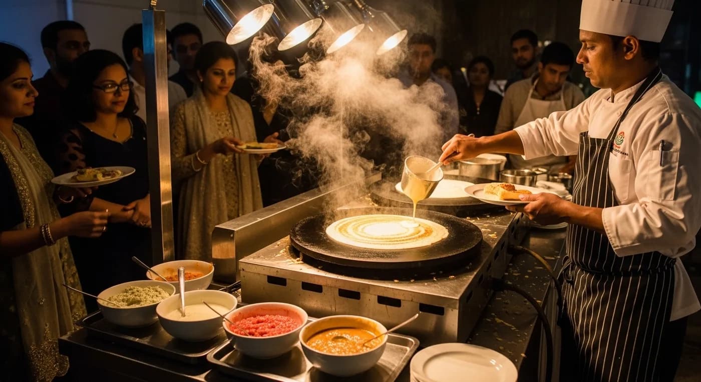 Live dosa counter at a Bangalore wedding reception