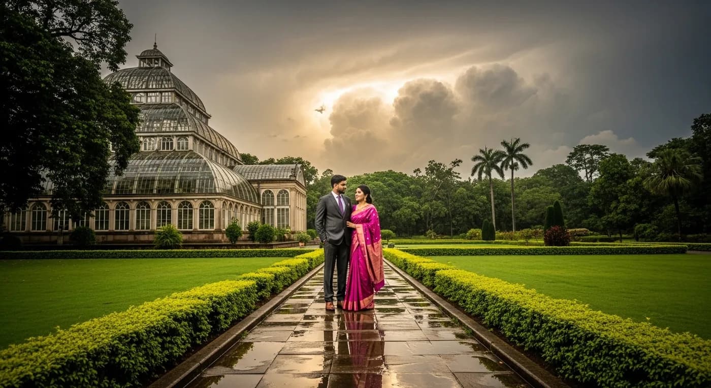Lush green monsoon couple portrait at Lalbagh Botanical Garden Bangalore