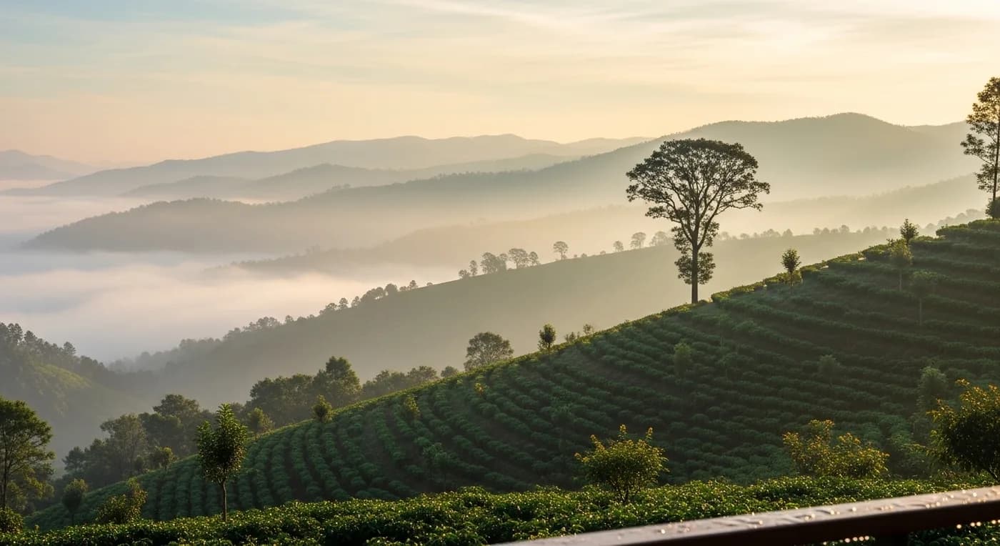 Misty Coorg hills at dawn from a destination wedding resort viewpoint