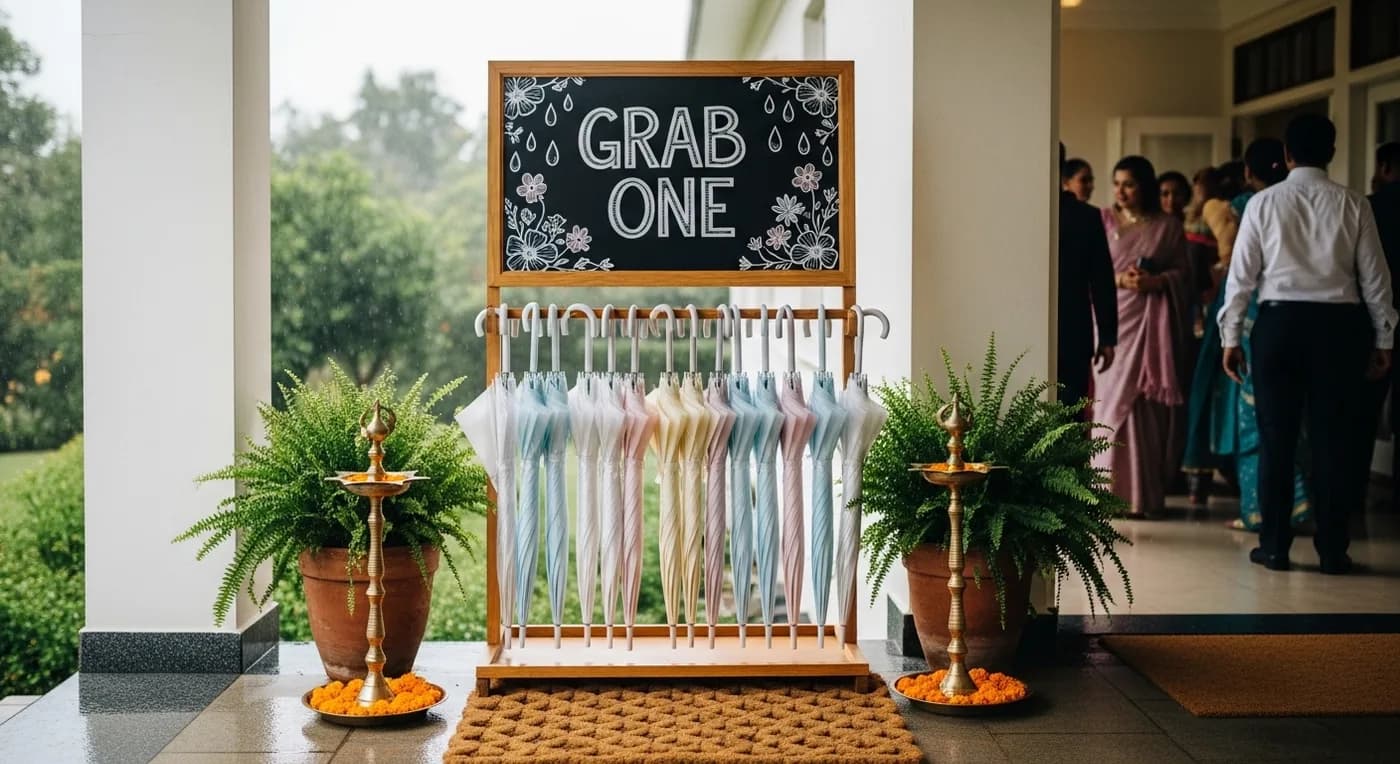 Umbrella station for wedding guests during Bangalore monsoon season