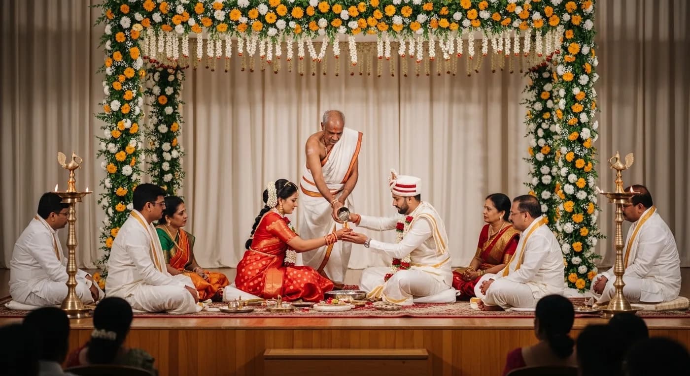 Morning muhurtham ceremony in progress at a Bangalore kalyana mantapa