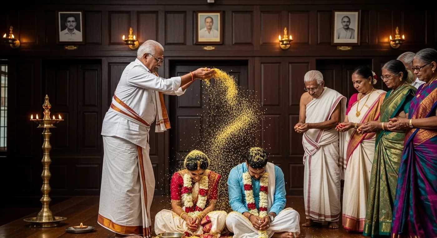 Murta ceremony with akshata rice shower at a Kodava wedding in Coorg